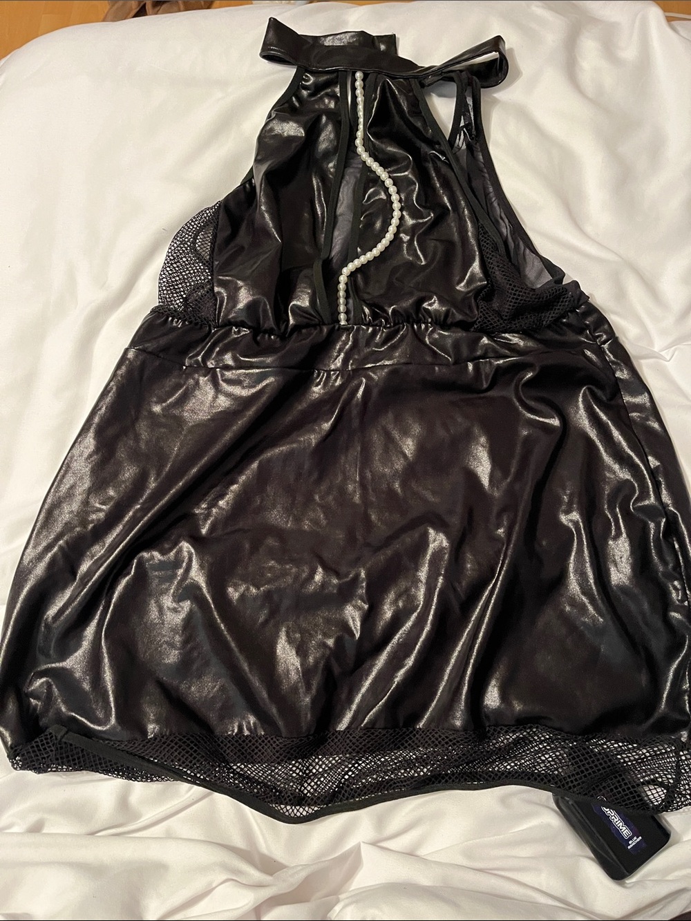 Black Faux Leather Halter Chemise with Pearl Accent